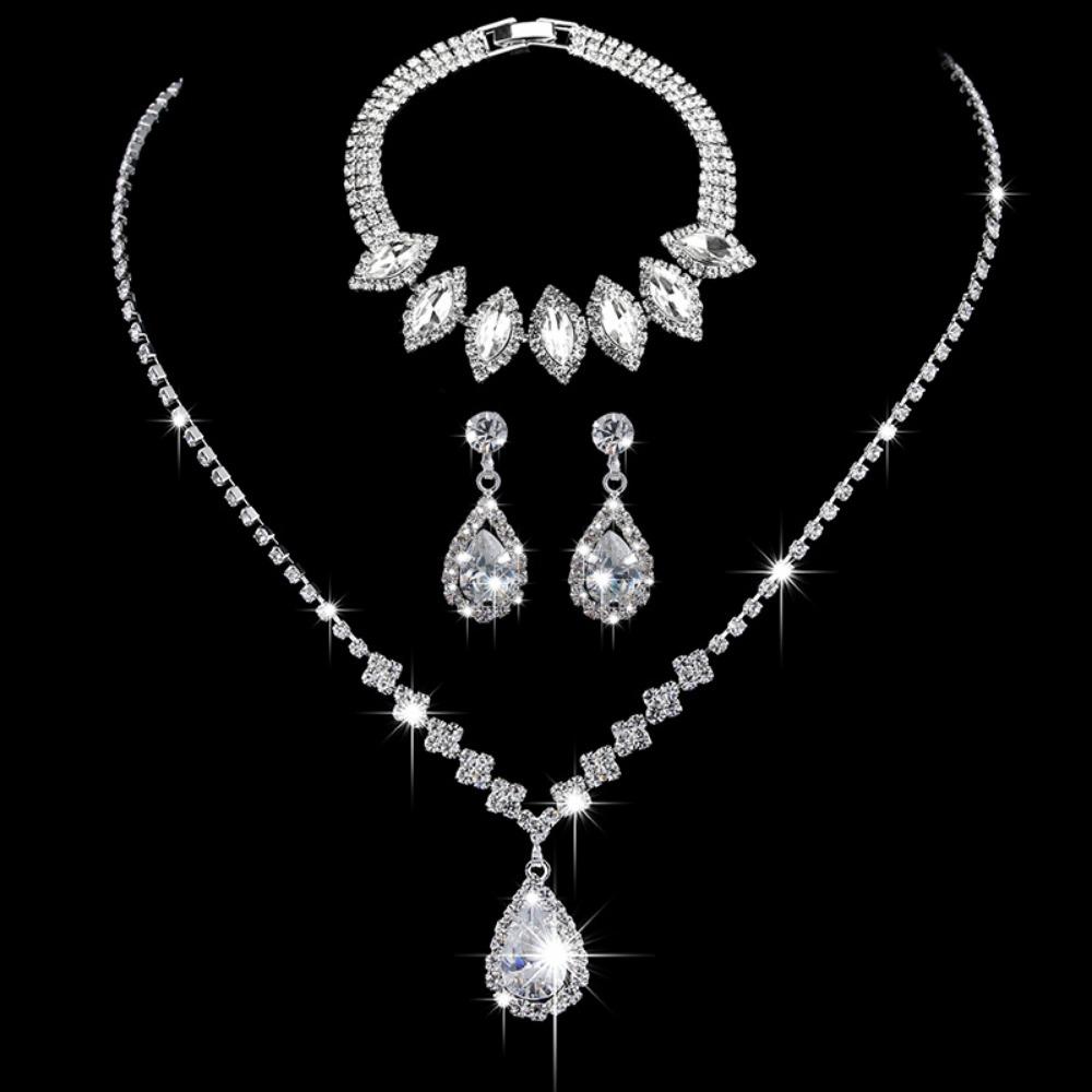Bright Diamond Zircon Water Drop Necklace Earrings Wedding Jewelry, Shooting Jewelry Set