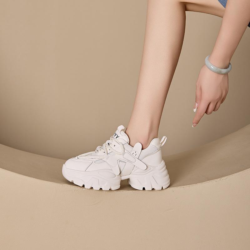 2025 New Leather Dad Shoes Women's Thick-soled Soft-soled Lightweight Double Mesh Breathable Little White Shoes Slim Sneakers