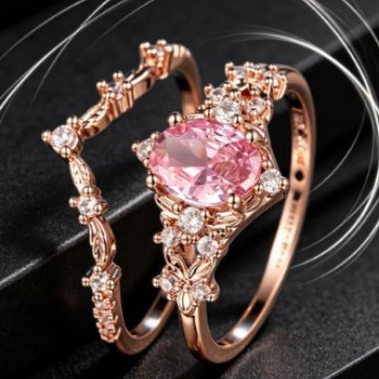 Vintage court-style oval pink diamond two-piece ring set Light luxury rose gold hollow crown ring set