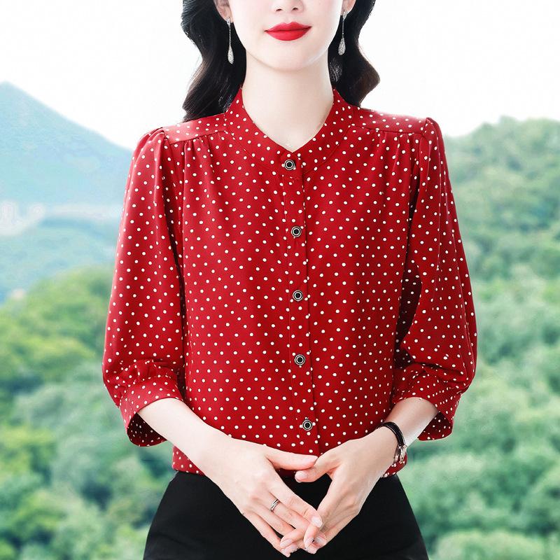 Spring and Autumn Ladies Polka Dot Western Style Small Shirt Fashion Three-quarter Sleeve Shirt