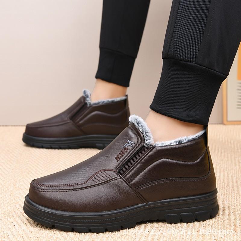 Mens Winter Waterproof PU Snow Boots Thick Insulated Slip-On Warm Casual Low-Cut Middle-Aged Seniors