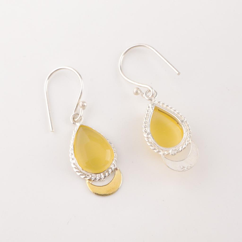 Gelber Katzaugen-Edelstein 925 gestempelter Silberschmuck Handgefertigte Hakenohrringe 1,5" EE-162-34