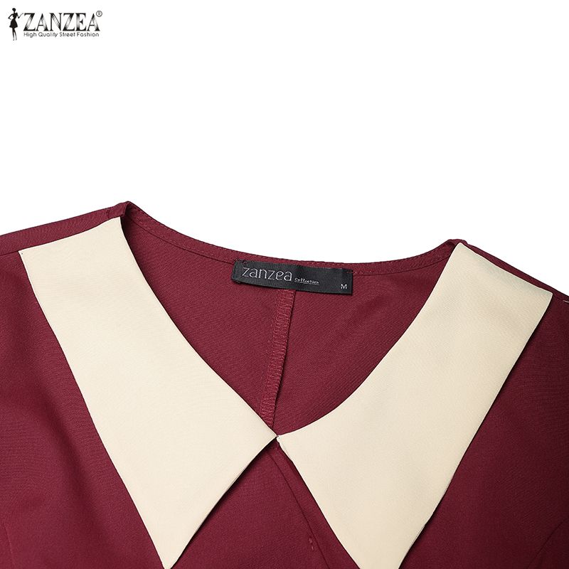 ZANZEA Women Casual Turn Down Collar Patchwork Long Sleeve Dress