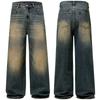 Spring Autumn Men's Vintage Distressed Baggy Straight Jeans High Street Denim Pants Streetwear Male Trousers