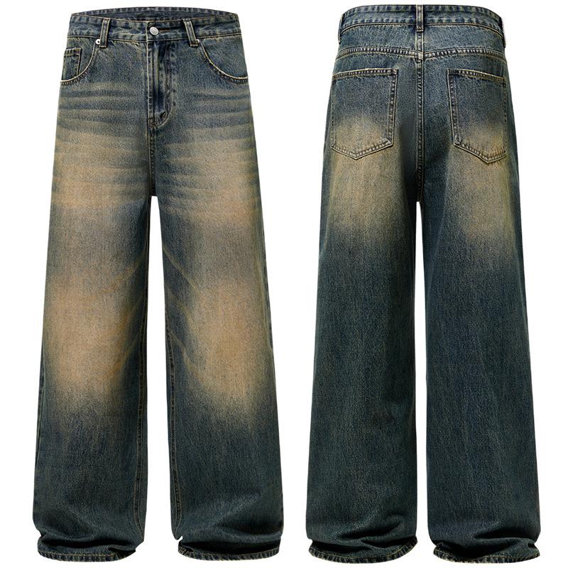 Spring Autumn Men's Vintage Distressed Baggy Straight Jeans High Street Denim Pants Streetwear Male Trousers