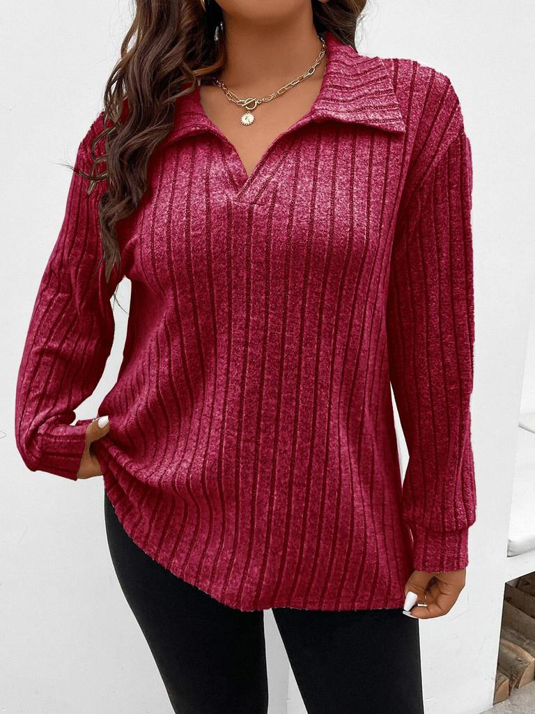Autumn and Winter Solid Color Plus Size Women's Top V-neck Long Sleeved Pit Stripe Brushed T-shirt Loose Fitting Shirt