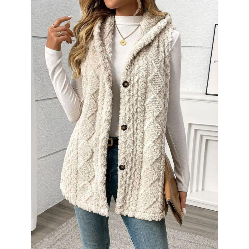 Women's Hooded Plush Sleeveless Coat Cardigan Vest