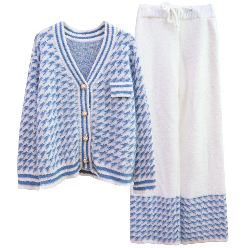 Pajamas Women's Autumn and Winter Sweet Fragrant Style Houndstooth Cardigan Elegant Soft Thickened Warm Knitted Home Clothes