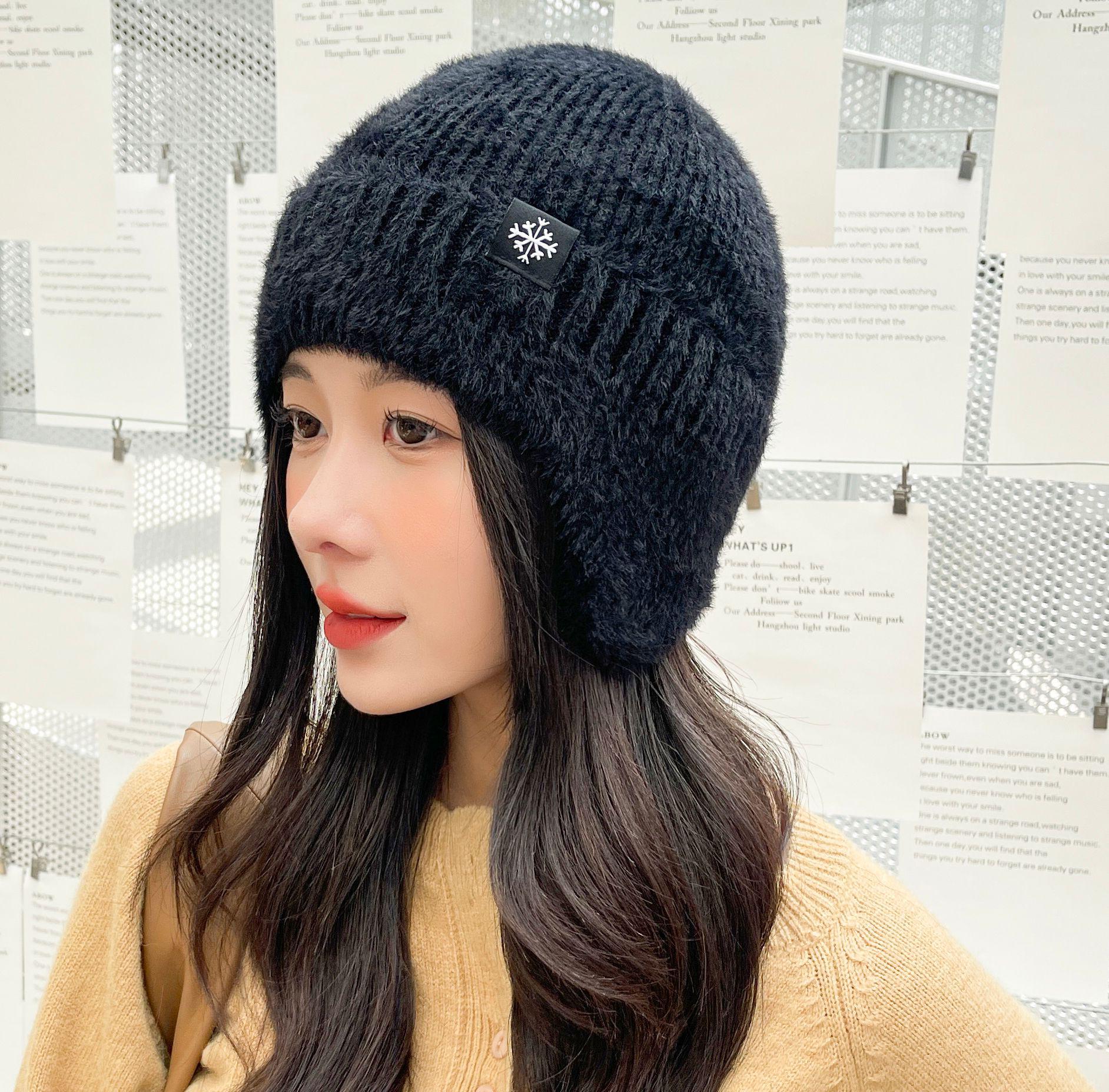 

Женская вязаная шапка-бини из искусственного меха норки 2022: Стильная, теплая зимняя шапка однотонных цветов чёрный