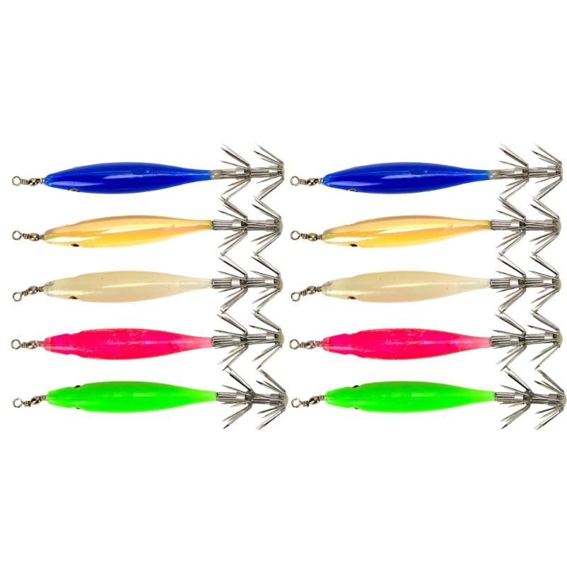 10Pcs Shrimp Lures Baits Squid Jig 3.6g Fluorescent Squid Jig Cuttlefish Hook Glow Jig Hook for Saltwater Fishing