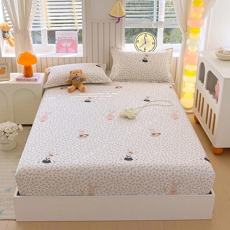 Pure Cotton Printed Single Bed Sheet Set - Fitted Sheet, Protective Cover, Pad Cover (3 Pieces)