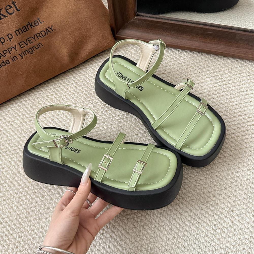 

Летние женские сандалии на платформе, на массивном каблуке, на плоской подошве с металлической пряжкой, женская обувь, женская обувь с открытым носком, повседневная обувь с открытой пяткой 40 зелёный