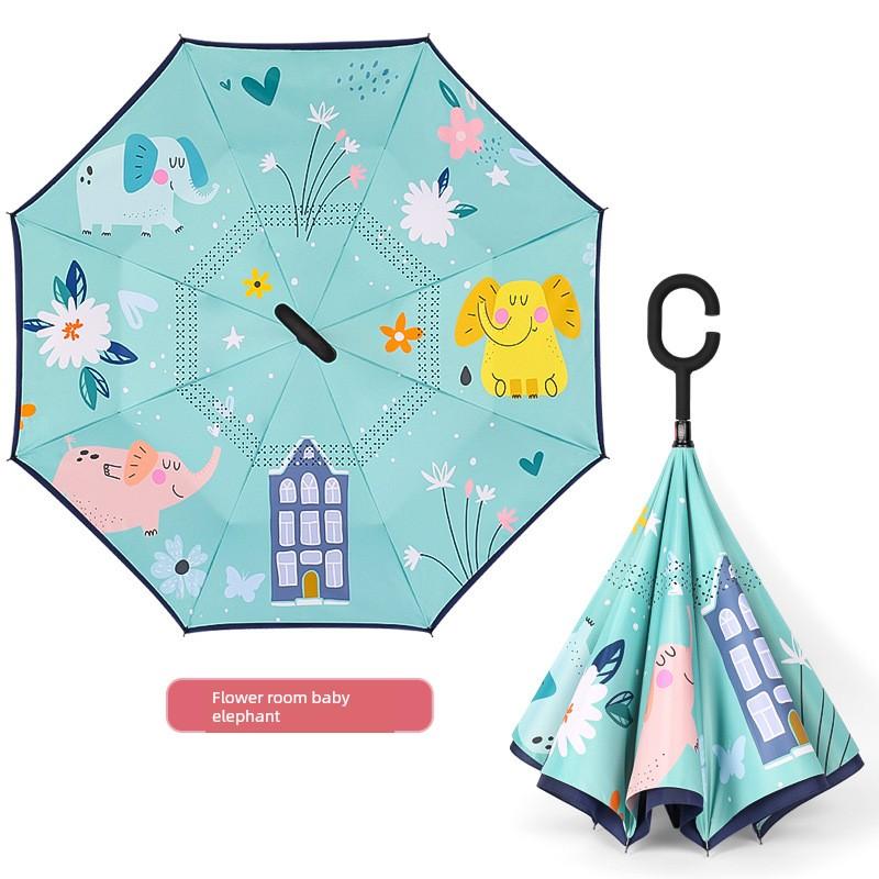 Freihändig umkehrbarer doppelwandiger Regenschirm für Kinder, geeignet für die Schule, bei Regen oder Sonnenschein, Schülerregenschirm, Cartoon-Design, gerader Griff, Sonne