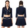 Women Halloween Cosplay Outfit Lapel Collar 3/4 Sleeve Cropped Blazer Jacket and Side Zip Skirt Set for Themed Party Stage