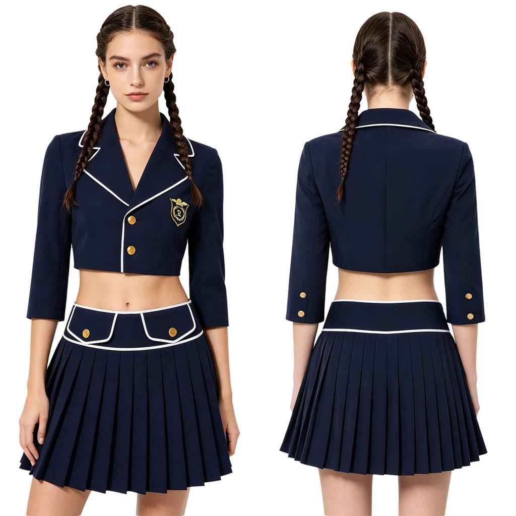 Women Halloween Cosplay Outfit Lapel Collar 3/4 Sleeve Cropped Blazer Jacket and Side Zip Skirt Set for Themed Party Stage