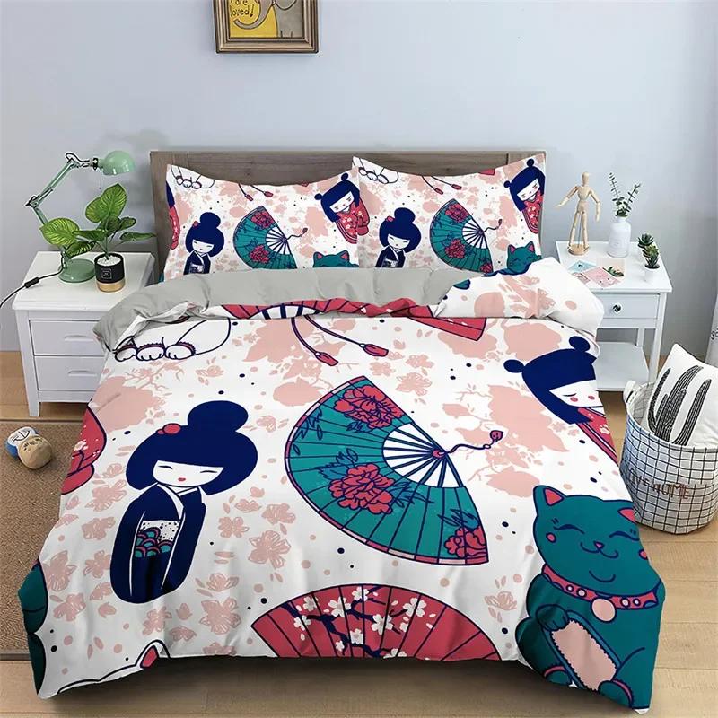 

Comforter Japanese Dolls Cute Lucky Cat Bedding Set Microfiber Fan Kokeshi Comforter King For Boys Girls Bedroom Decor Comforter (quilt)-EU Single(135*200cm)3pcs