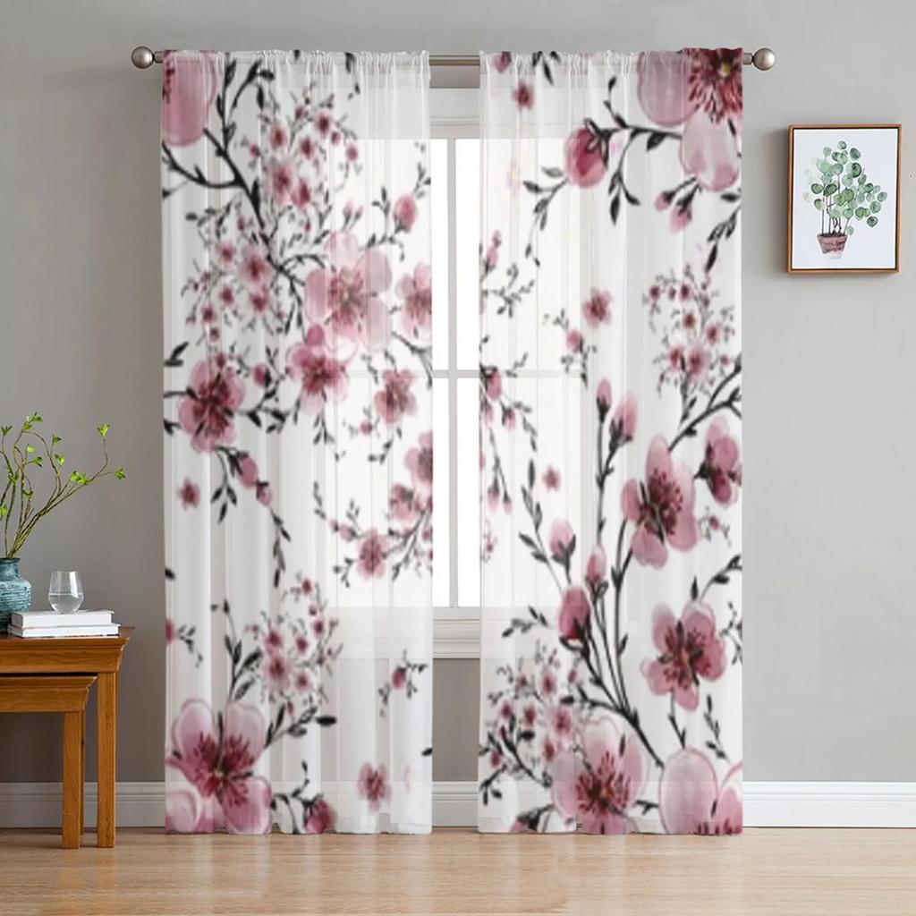 Spring Brown Background Peach Blossom Tulle Curtains Living Room Home Decor Window Curtain Kitchen Voile Sheer Made Of Polyester Sitting
