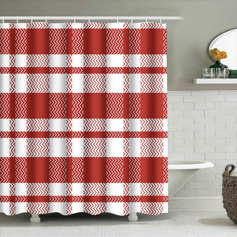 Modern Red White Plaid Shower Curtain Set For Bathroom Decor Polyester Fabric With 12 Hooks Xl Size (75X84 Inches)