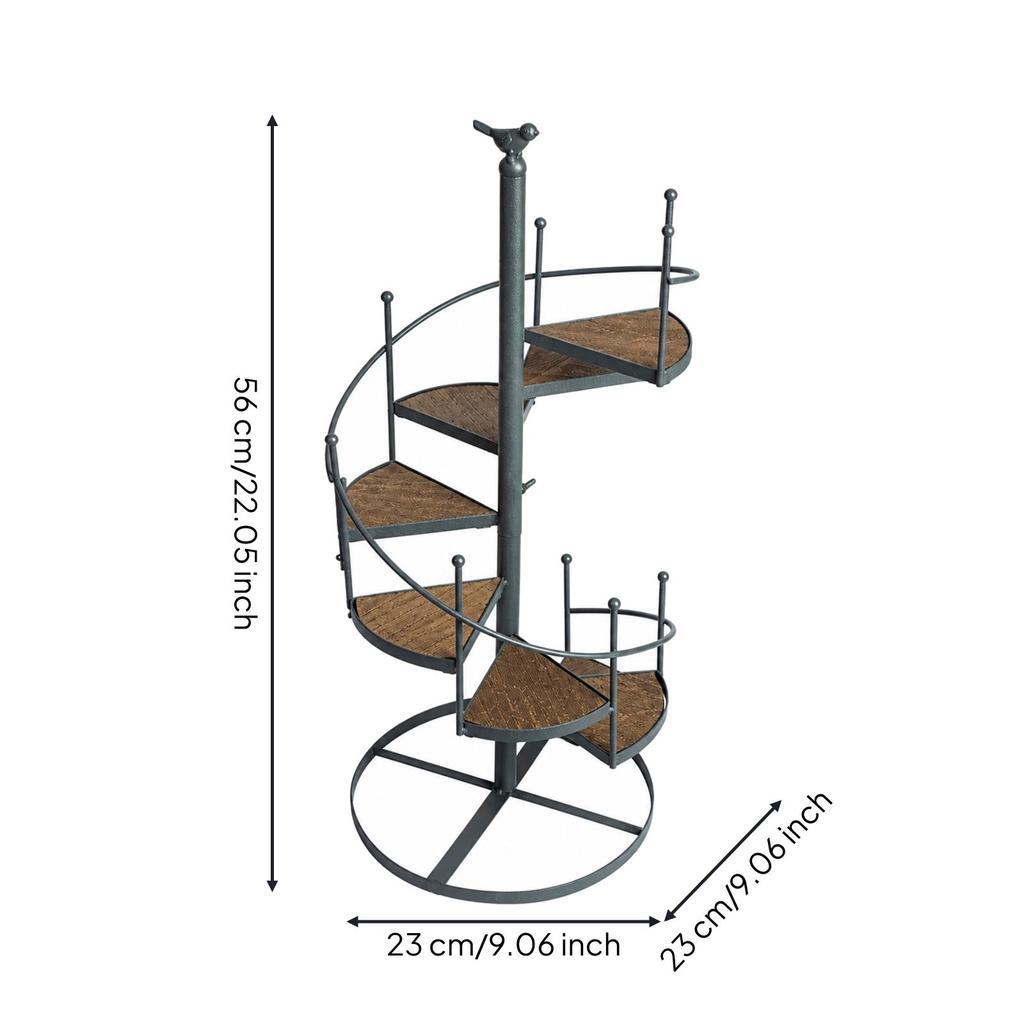 Spiral Stair Plant Stand Freestanding Iron with WoodGrain Shelves MultiTier for Balcony,