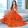 Printed Long Dress Summer Short Sleeve High Waist Mother Skirt Large Size V Neck Young Women's Skirt Summer