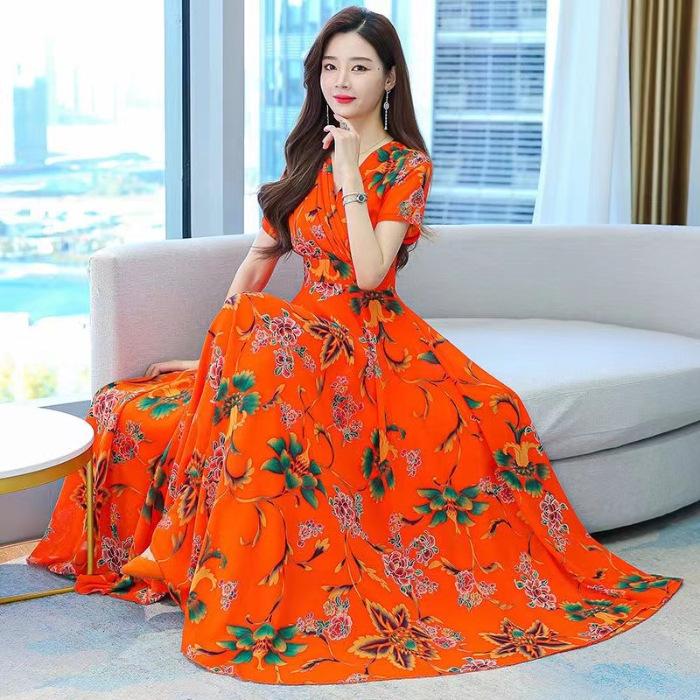 Printed Long Dress Summer Short Sleeve High Waist Mother Skirt Large Size V Neck Young Women's Skirt Summer