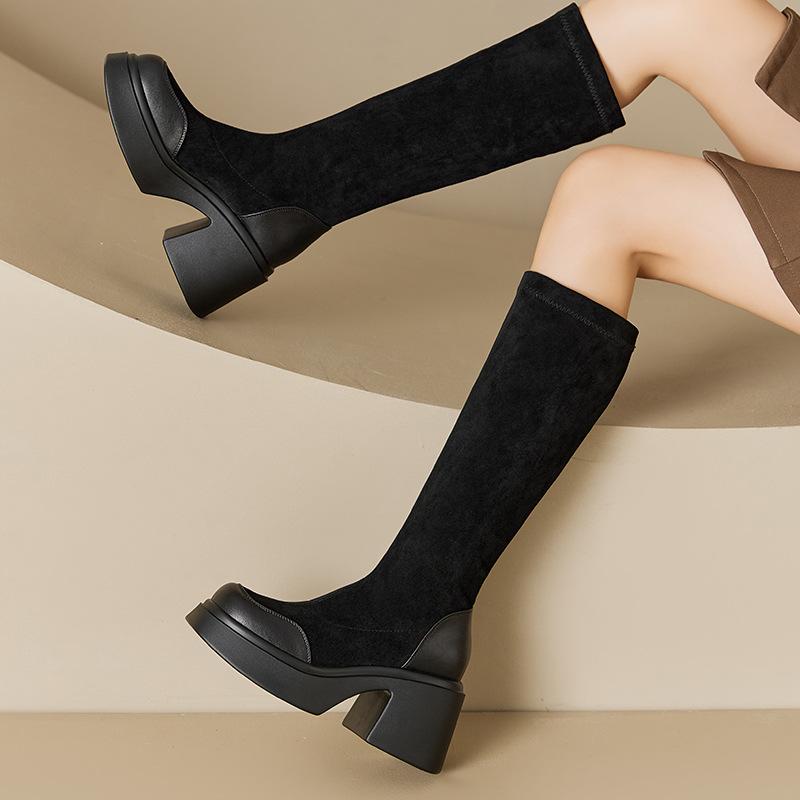 Stiefel mit dicker Sohle Damenstiefel Herbst und Winter neue Stiefel kleine dünne Stiefel dicker Absatz Kniestiefel