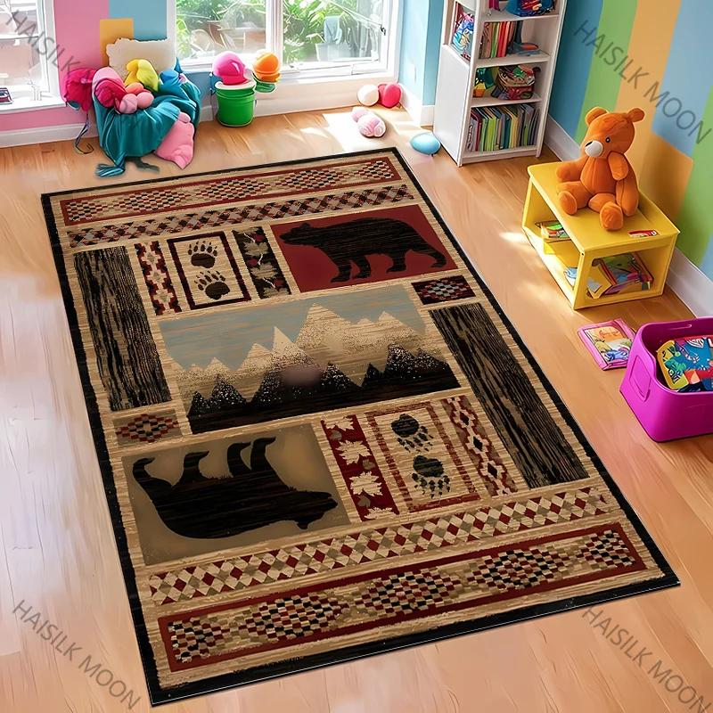 Dywan w stylu retro skandynawskim z motywem nadruku niedźwiedzia łosia, miękki dywan odpowiedni do jadalni, salonu, pokoju zabaw dla dzieci, mata podłogowa