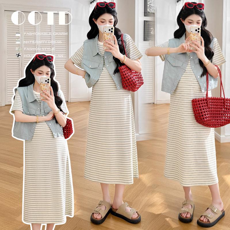 2026 Summer Striped Tank Top & A-line Skirt with Denim Jacket Maternity Set M