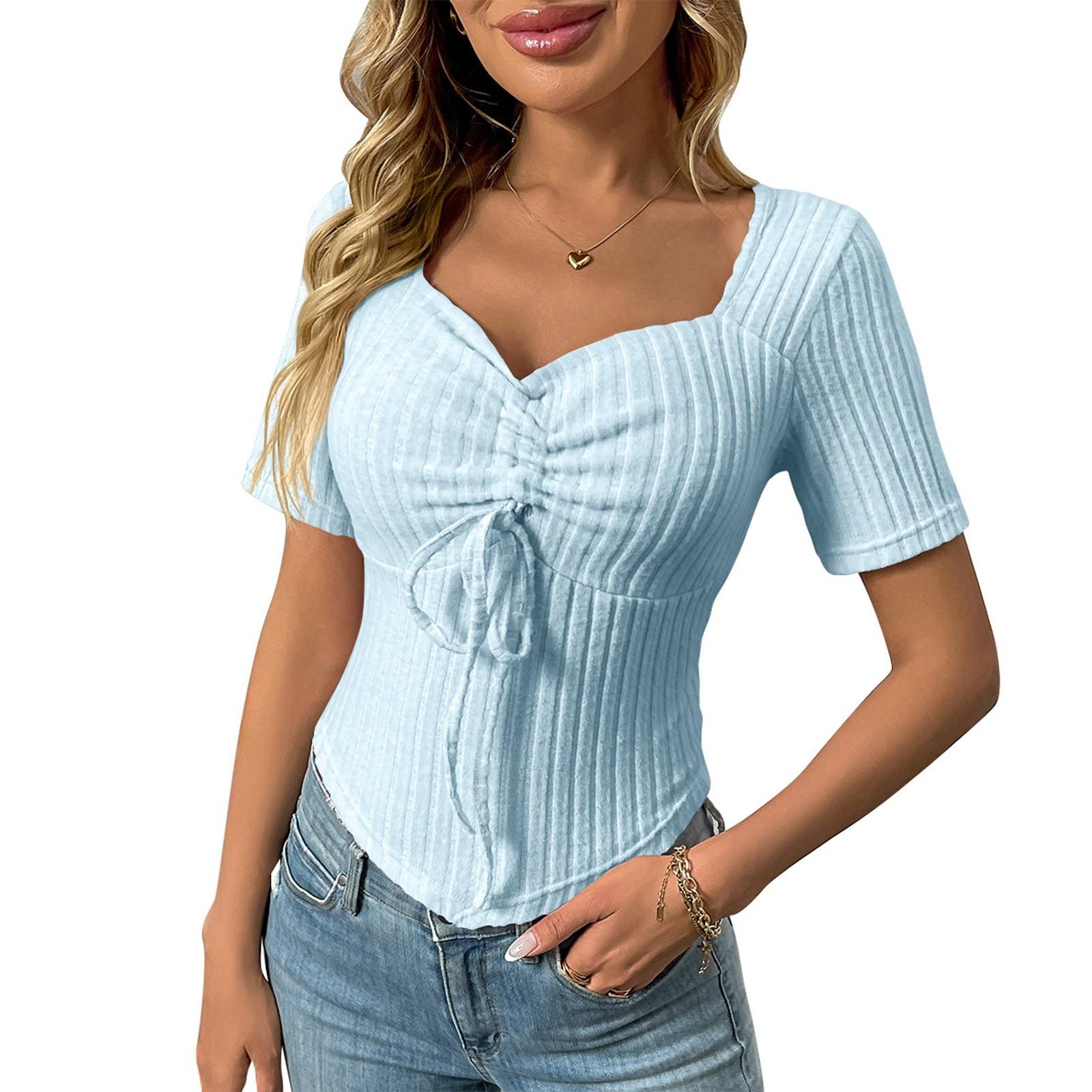 

Женская мода однотонный V-образный вырез плиссированный шнурок сексуальный короткий рукав топ XXL светло-синий