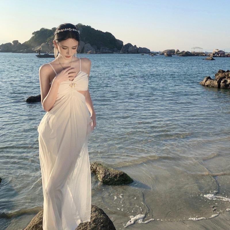 Seaside Vacation White Hollow Suspender Dress, Beautiful and Unique Gentle Temperament Waist Backless Word Long Dress