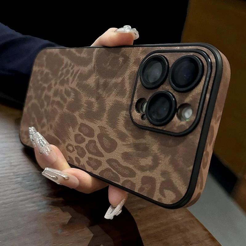Luxury Leather Colorful Leopard Pattern Phone Case for iPhone 16 15 14 Plus 13 12 11 Pro Max Soft Bumper Matte Shockproof Cover