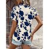 Women Floral Print V Neck Short Sleeve Blouse Casual Notch Collar Rolled Cuff Shirt
