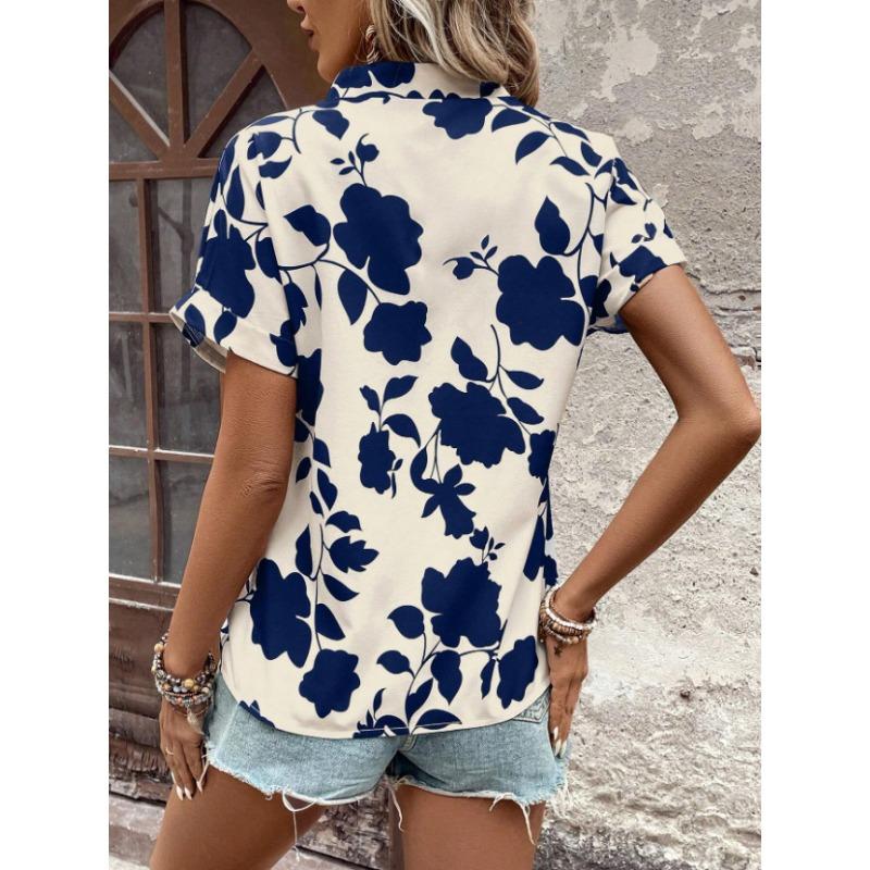 Women Floral Print V Neck Short Sleeve Blouse Casual Notch Collar Rolled Cuff Shirt
