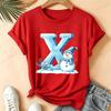 Christmas Snowman Alphabet T-Shirt Women Blue Ice Alphabet Graphic Tees Christmas Holiday Casual Red Short Sleeve Unisex Tops