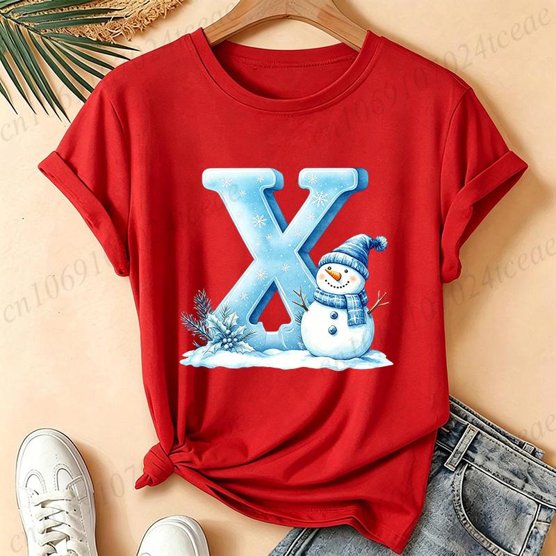 Christmas Snowman Alphabet T-Shirt Women Blue Ice Alphabet Graphic Tees Christmas Holiday Casual Red Short Sleeve Unisex Tops
