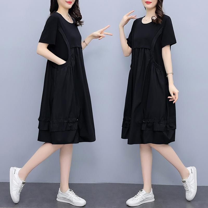 Women's Fake Two Piece Pinafore Midi Dress Color Block Short Sleeve A Line Loose Summer Dress