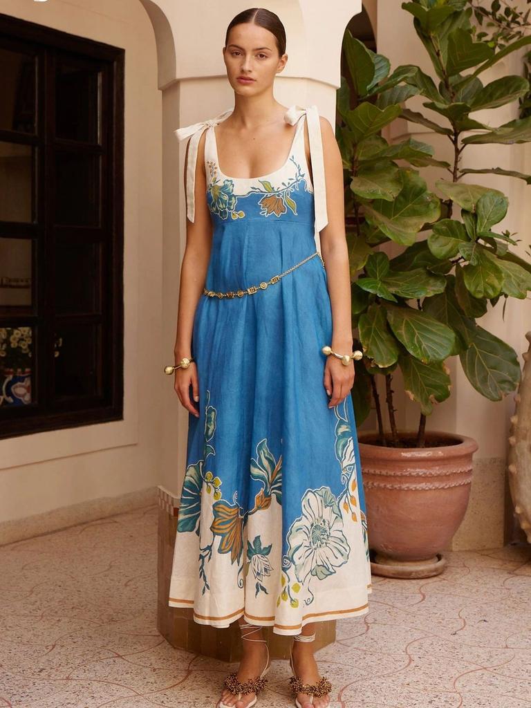 Lässiges Mode Leinen Bedrucktes Bindeband Raff Kleid