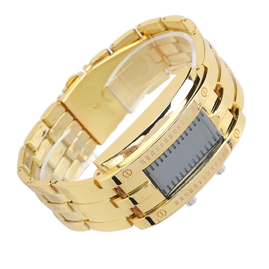 Men s Watch Fashion Exquisite Waterproof Alloy Men s LED Watch with Binary Time Mode Display(Men s Gold )