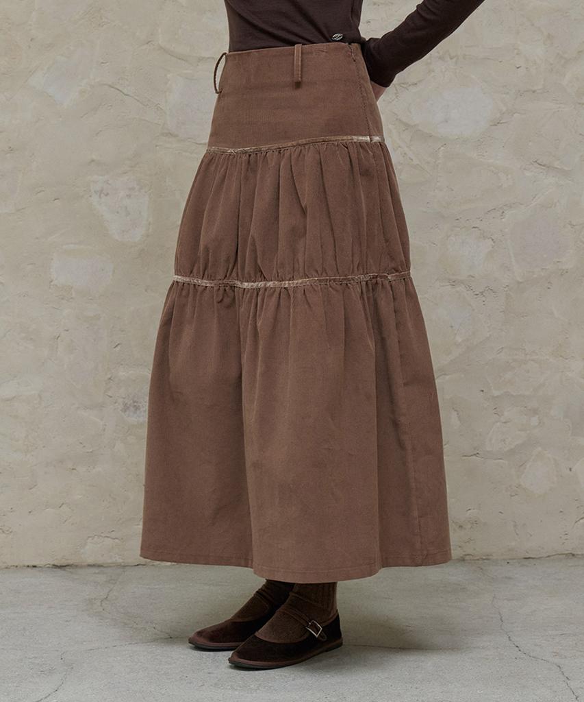 Itove Seoul Corduroy Shirred Long Skirt Brown