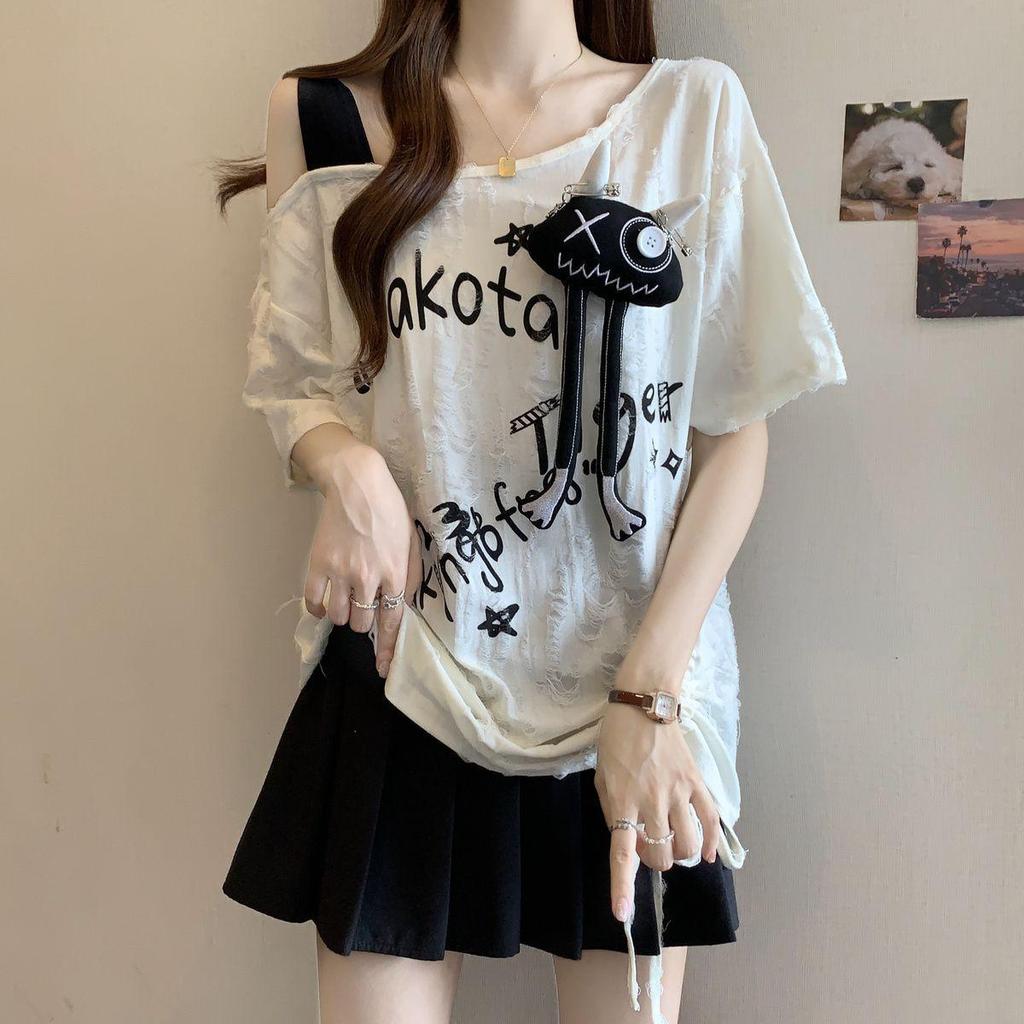 Women's Plus Size Off-Shoulder Ripped Short-Sleeve T-Shirt with Drawstring