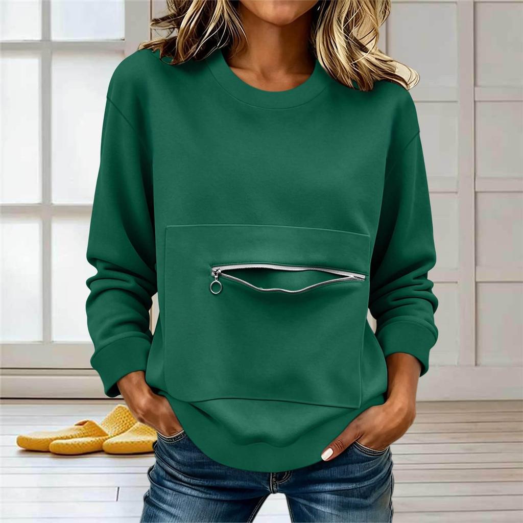 Women's Long Sleeve Crew Neck Sweatshirt with Front Zipper Pocket Casual Pullover Lightweight Comfortable Fit