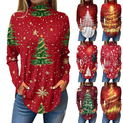 Koszulki damskie, jesienne, codzienne koszule z długim rękawem Bluza z nadrukiem w stylu vintage, sweter z wysokim dekoltem