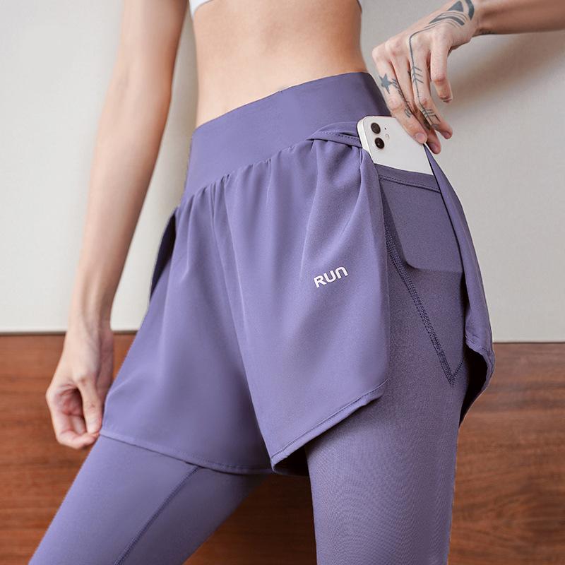 Fake Two-piece Fitness Pants Women's High-waisted Elastic Tight Running Pants Skirt Quick-drying Sweatpants Autumn Yoga Trousers Look Thin