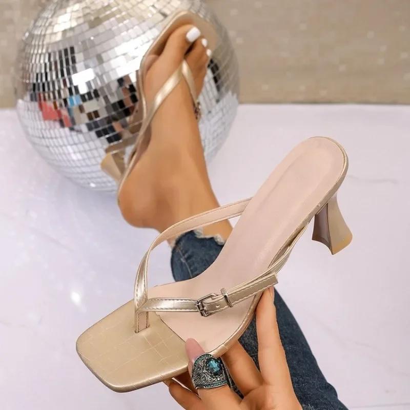 Women's Buckle Strap Thong Heeled Sandals, Square Toe Kitten Heel Mules, Elegant Summer Party Shoes