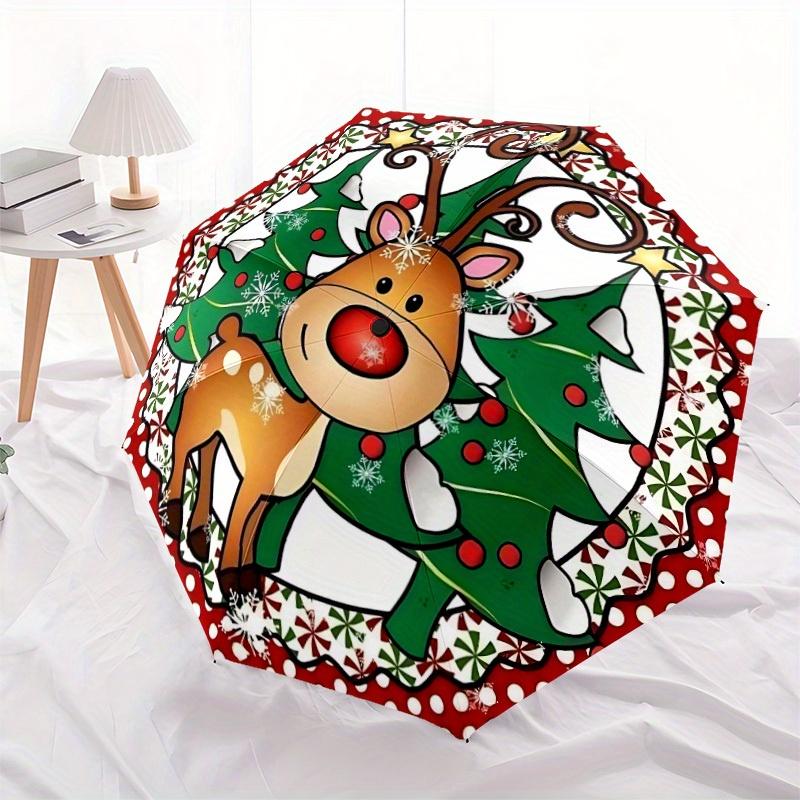 1pc Christmas, Reindeer Automatic Folding Umbrella - 8-Rib Iron Frame, Windproof, Portable Sunshade with Plastic Handle for Travel & Outdoor