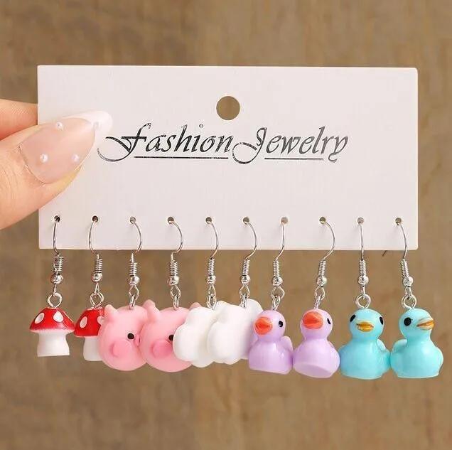 Sweet Pink Cartoon Duck Earrings Set Cute Romantic Animal Butterfly Heart Dangle Earrings for Women Girls Trendy Jewelry Gift