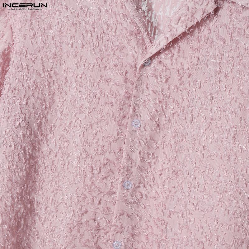 INCERUN Oversized Men Lapel Neck Short Sleeve Tassel Texture Casual Loose Shirts