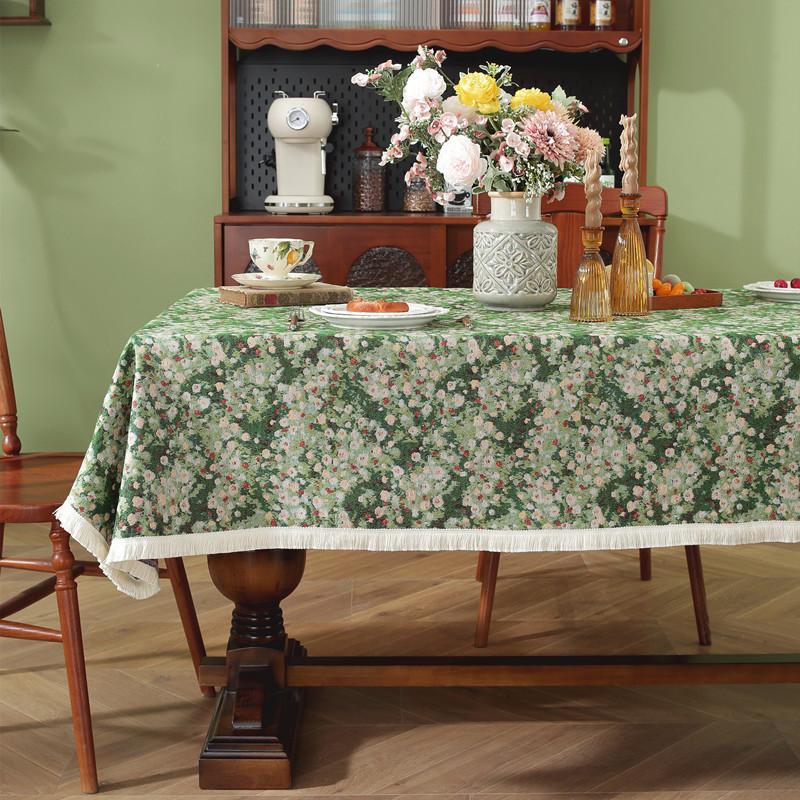 Retro Polyester Cotton Color Woven Jacquard Plant Fan-Shaped Flower Fringed Tablecloth Rectangular Coffee Table Tablecloth Dining Table Cloth