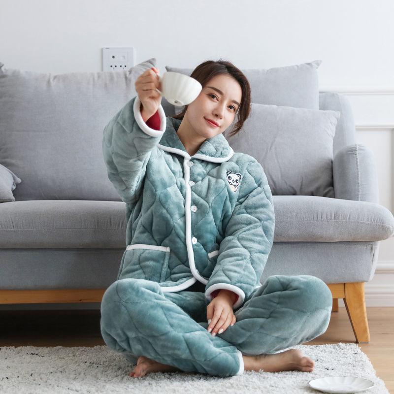 Pajamas women's three-layer thickened and cute winter can wear large-size warm padded loungewear
