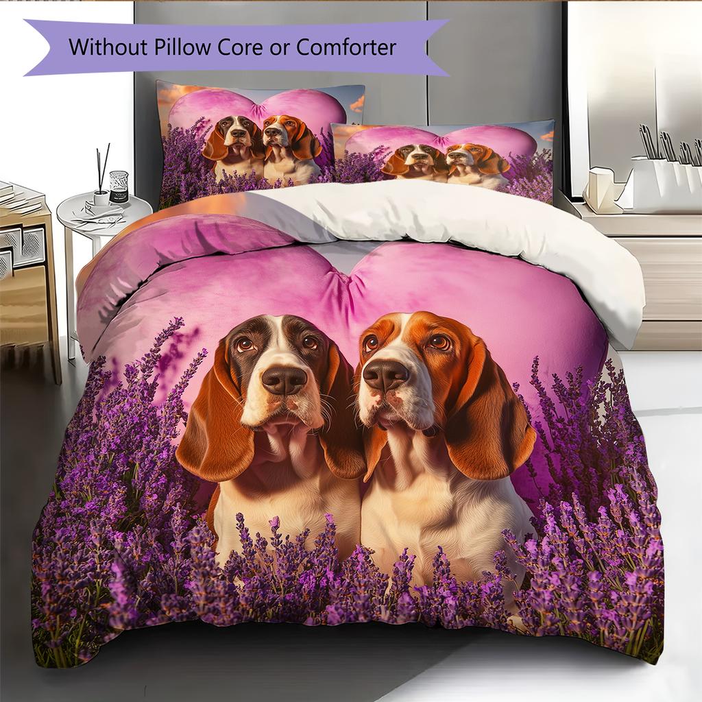 Basset Hound and Grassland Pattern Bedding Home Decoration Birthday Gift (1 * duvet cover + 2 * pillowcase, without core)